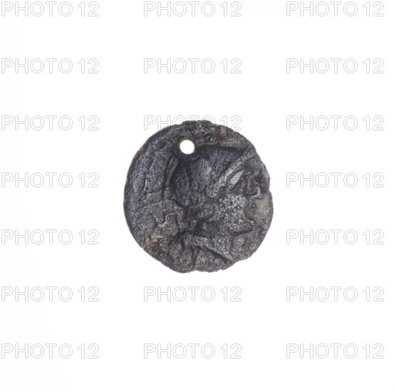 sestertius; publisher; Dioscuri on horses; Wladyslaw Semerau-Siemianowski (1849–1938); Roma (mythology); horses; helmets; head of Roma. Obv. Head of Roma in a helmet to right; behind it the value mark IIS. Pearl border. Rev. Dioscuri on horses to right; below in a frame the inscription ROMA. Continuous border. 211 BC; Roman Republic (505–27 BC); Rome; coin; diameter 11.5 mm; weight 0.81 g; axis 135°. WQXBCFS