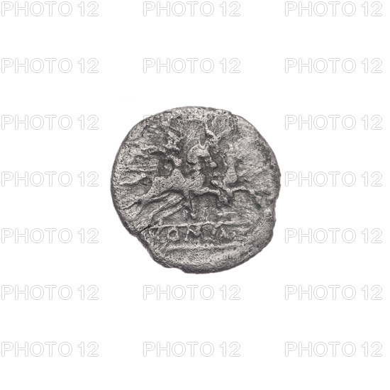 sestertius; Dioscuri on horses; Roma (mythology); Dioscuri (mythology); obv. Head of Roma in a helmet to right; behind her the value mark IIS; pearl border. rev. Dioscuri on horses to right; below in a frame the inscription ROMA; continuous border. 211 BC; Roman Republic (505–27 BC); Rome; coin; diameter 12.2 mm; weight 0.78 g; axis 0° WQXBCFS