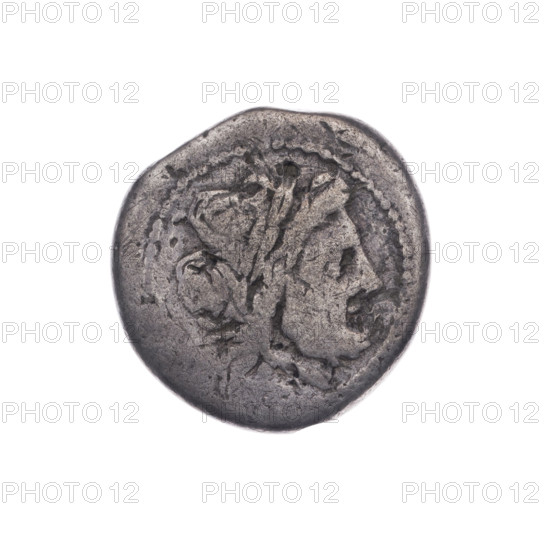 Jupiter (mythology), Victoria (personification), head of Jupiter, trophies, laurel wreath (attribute), Crowning Victoria. Obv. Head of Jupiter in a laurel wreath at right. Beaded border. Rev. Victoria facing right crowns a trophy; inscription ROMA under the line. Continuous border. After 211 BC. Roman Republic (505–27 BC). Rome. Coin. Diameter 16.4 mm; weight 2.76 g; axis 180 degrees.