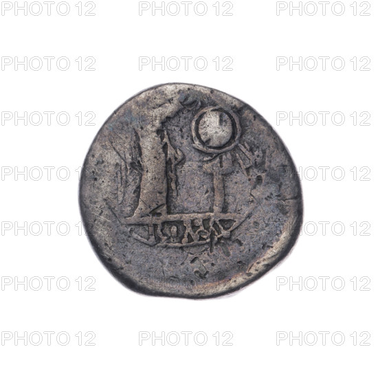 Jupiter (mythology), Victoria (personification), head of Jupiter, trophies, laurel wreath (attribute), Crowning Victoria. Obv. Head of Jupiter in a laurel wreath at right. Beaded border. Rev. Victoria facing right crowns a trophy; inscription ROMA under the line. Continuous border. After 211 BC, Roman Republic (505–27 BC), Rome. Coin, dia. 16.4 mm, weight 2.76 g, axis 180 degrees.