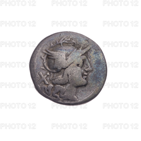 denarius; obverse: head of Roma wearing a helmet facing right; behind her the sign of value X; pearl border. Reverse: Dioscuri galloping to the right; inscription ROMA in the field; continuous border. Silver coin, diameter 19.5 mm, weight 3.63 g, axis 315°. Roman Republic, after 211 BC. Subjects: Dioscuri (mythology), Roma (mythology), horses, helmets. Maker/publisher: unknown (denarius).