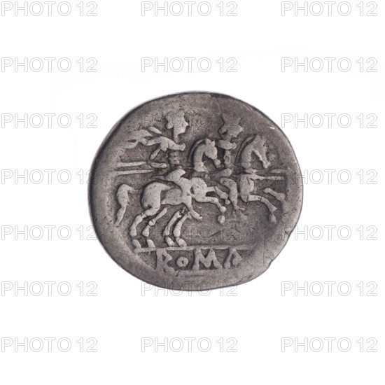 denarius; Dioscuri on horses; Roma (mythology); head of Roma; helmets. Obv. Head of Roma in a helmet to right; behind her the sign of value X. Pearl border. Rev. Dioscuri galloping to right; inscription ROMA in the frame. Continuous border. After 211 BC. Roman Republic (505–27 BC). Rome. Coin. Diameter 19.5 mm; weight 3.63 g; axis 315°. WQXBCFS