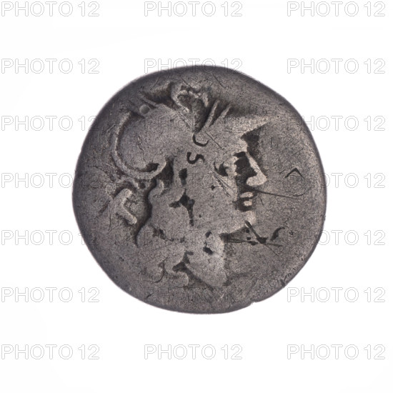 Denarius; obverse: head of Roma wearing a helmet facing right, behind her the sign of value X; beaded border. Reverse: the Dioscuri galloping right on horseback; inscription ROMA in the frame; continuous border. Punchmarks present. After 211 BC; Roman Republic (505–27 BC). Rome. Coin. Diameter 18.3 mm; weight 3.45 g; axis 315°.