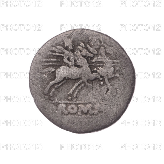 Denarius; obverse: head of Roma wearing a helmet facing right, behind her the value mark X; beaded border. Reverse: the Dioscuri galloping right on horseback; inscription 'ROMA' in the frame; continuous border. Punchmarks present. After 211 BC; Roman Republic (505–27 BC); Rome. Coin; diameter 18.3 mm; weight 3.45 g; axis 315°.