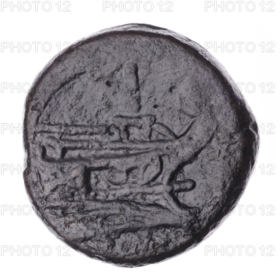 Head of Janus (iconographic) wearing laurel wreath; above value mark I. Continuous border. Reverse: ship's prow right; above value mark I; below inscription, M. Pearly border. After 211 BC. Roman Republic (505–27 BC), Rome. Coin; diameter 34.0 mm, weight 35.66 g, axis 225°.