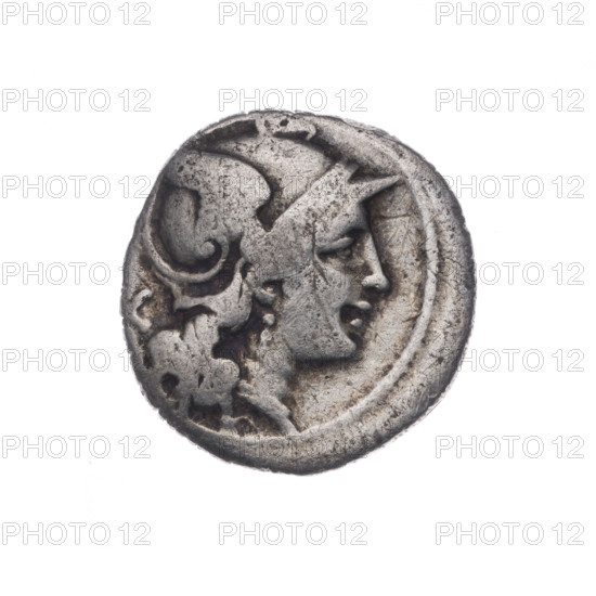 denarius, Dioscuri on horses, Dioscuri (mythology), Roma (mythology), horses, helmets, head of Roma, Obv. Head of Roma in a helmet facing right; behind her the sign of value X. Pearl border. Rev. Dioscuri galloping on horses to right; inscription ROMA in the frame. Continuous border. after 211 BC, Roman Republic (505–27 BC), Rome, coin, diameter 18.0 mm, weight 3.43 g, axis 180 degrees