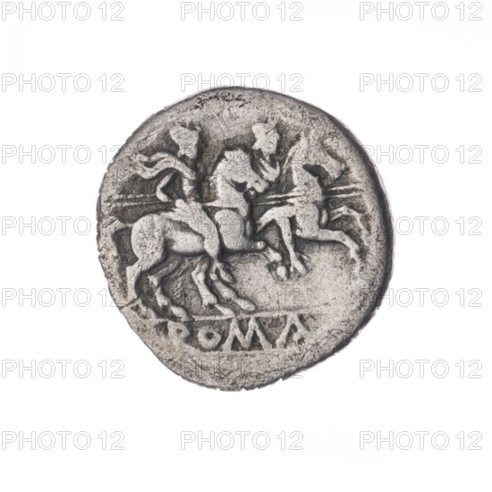 denarius; Dioscuri on horses; Dioscuri (mythology); Roma (mythology); horses; helmets; head of Roma. Obv.: Head of Roma in a helmet to right; behind her the sign of value X. Pearl border. Rev.: Dioscuri galloping to right; inscription ROMA in the frame. Continuous border. After 211 BC. Roman Republic (505–27 BC). Rome. Coin. Diameter 18.0 mm; weight 3.43 g; axis 180°. WQXBCFS