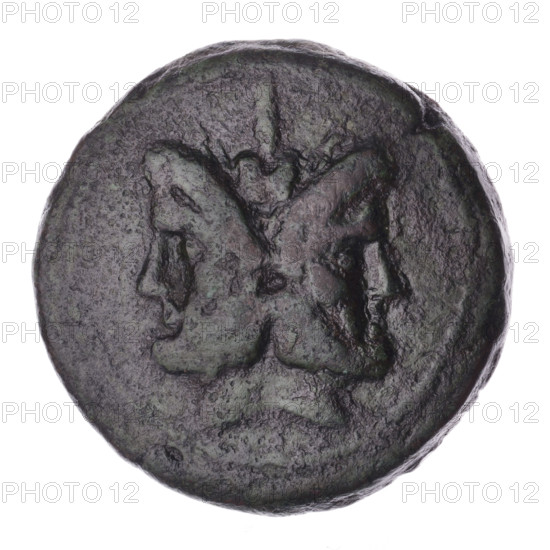 Obv. Head of Janus in laurel wreath; above value mark I. Continuous border. Rev. Ship's prow right; above value mark I; below inscription ROMA. Pearl border. After 211 BC. Roman Republic (505–27 BC). Rome. Coin; dia. 34.5 mm; weight 25.59 g; axis 270°. Subjects: ship's prow (iconographic), head of Janus (iconographic), Janus (mythological), ships.