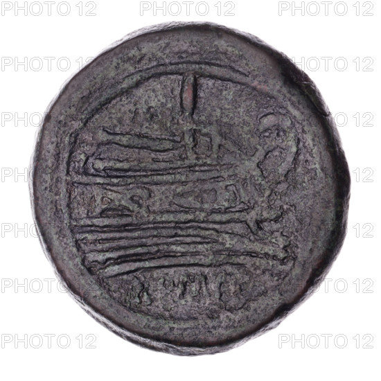 Head of Janus in laurel wreath; above value mark I. Continuous border. Rev. Ship's prow right; above value mark I; below inscription ROMA. Pearl border. after 211 BC. Roman Republic (505–27 BC). Rome. Coin. Dia. 34.5 mm; weight 25.59 g; axis 270°. Keywords: publisher, ship's prow (iconographic), head of Janus (iconographic), Janus (mythological), ships.