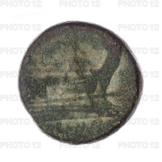 Obv. Head of Janus in laurel wreath; above value sign I. Continuous border. Rev. Ship's prow right; above value sign; below inscription. Pearly border. After 211 BC. Roman Republic (505–27 BC), Rome. Coin. Diameter 30.0 mm, weight 28.10 g, axis 180°. Subjects: Janus (mythology), ship's prow, head of Janus, ships.