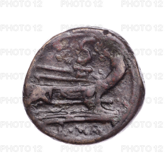Semis, publisher; obverse: head of Saturn in laurel wreath at right with value mark 'S' behind; reverse: ship's prow at right with value mark 'S' above and inscription 'ROMA.' below. After 211 BC; Roman Republic (505–27 BC), Rome. Coin; diameter 26.0 mm, weight 18.05 g, axis 315°.