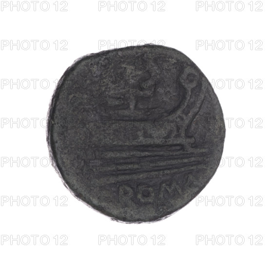 Obv. Head of Saturn in laurel wreath in right; behind it value mark S. Rev. Ship's prow in right; above value mark S; below inscription ROMA. Semis, head of Saturn, ship's prow; after 211 BC, Roman Republic (505–27 BC), Rome. Coin, dia. 26.2 mm, weight 17.63 g, axis 270 degrees. Maker: Sabat, Bronislaw (1871–1953).
