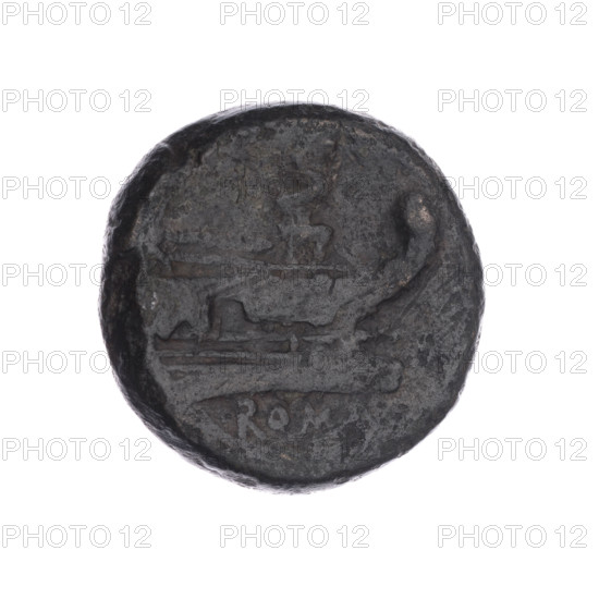 Semis; publisher; ship's prow (iconographic); head of Saturn (iconographic); Saturn (mythology); ships; Obv. Head of Saturn in a laurel wreath to the right; behind it the value mark S. Rev. Ship's prow to the right; above the value mark S; below the inscription ROMA. After 211 BC; Roman Republic (505–27 BC); Rome; coin; dia. 26.2 mm; weight 16.35 g; axis 90 degrees; maker: Sabat, Bronislaw (1871–1953)