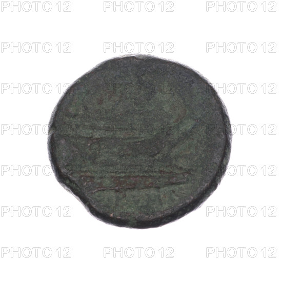 Semis; publisher; ship's prow (iconographic); head of Saturn (iconographic); Saturn (mythology); ships. Obverse: head of Saturn in laurel wreath at right; behind it value mark S. Reverse: ship's prow at right; above value mark S; below inscription. After 211 BC, Roman Republic (505–27 BC), Rome. Coin; diameter 26.0 mm; weight 15.68 g; axis 0°.