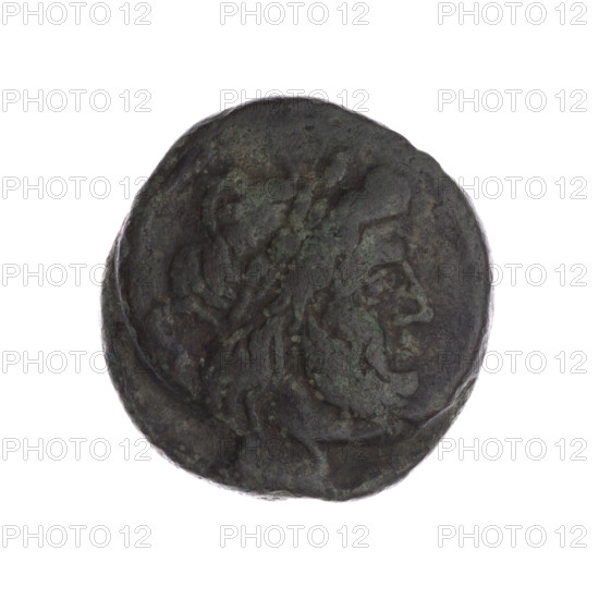 Semis; obverse: head of Saturn with laurel wreath facing right, value mark 'S' behind; reverse: ship's prow facing right, above value mark 'S', below inscription 'M.'; after 211 BC, Roman Republic (505–27 BC), Rome; coin; diameter 26.2 mm; weight 15.07 g; axis 270°.
