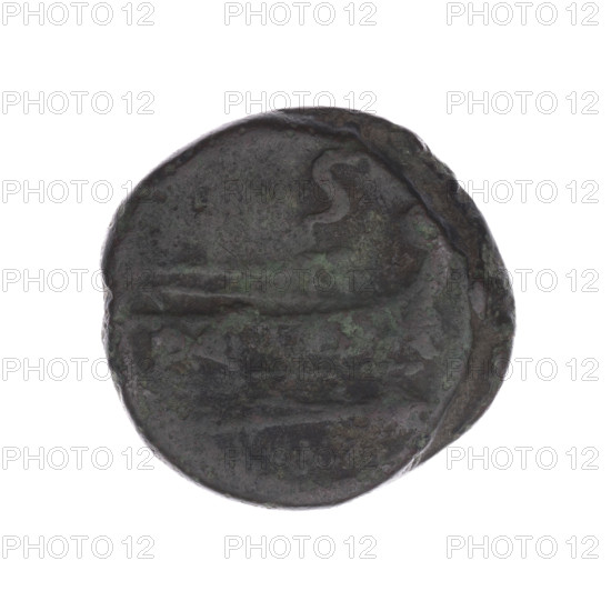 Semis, publisher; obverse: head of Saturn with laurel wreath facing right, with value mark 'S' behind; reverse: ship's prow facing right, with value mark 'S' above and inscription 'M.' below. After 211 BC, Roman Republic (505–27 BC), Rome; coin; diameter 26.2 mm; weight 15.07 g; axis 270°.