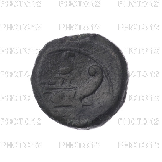 semis; publisher; ship's prow (iconographic); head of Saturn (iconographic); Saturn (mythology); ships; Obv. Head of Saturn in laurel wreath right; behind it value mark S. Rev. Ship's prow right; above value mark S; below inscription '.', after 211 BC; Roman Republic (505–27 BC); Rome; coin; dia. 24.0 mm; weight 13.28 g; axis 45 degrees; Sabat, Bronislaw (1871–1953)