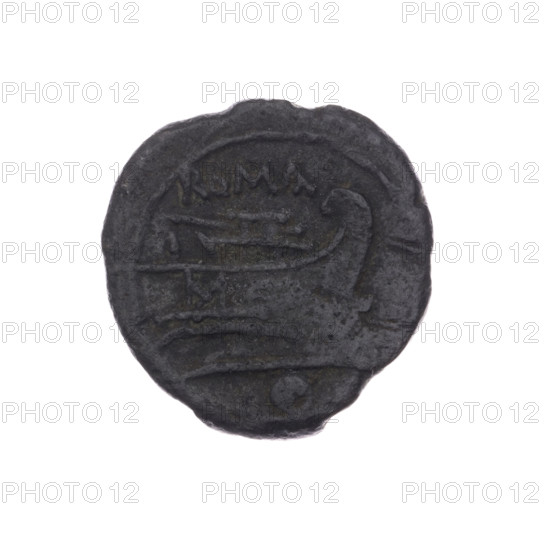 Obv. Helmeted head of Roma right; behind her mark of value o. Rev. Ship's prow right; above inscription ROMA; below mark of value o. After 211 BC. Roman Republic (505–27 BC). Rome. Coin. Diameter 18.8 mm; weight 5.45 g; axis 225°. WQXBCFS