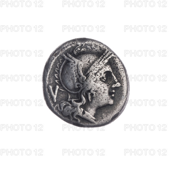 Quinary, publisher, Dioscuri on horses, Dioscuri (mythology), Roma (mythology), Sabbath, Bronislaw (1871-1953), horses, helmets, ears of grain, head of Roma. Obv. Head of Roma in a helmet facing right; behind her the sign of value V. Pearl border. Rev. Dioscuri galloping on horses to the right; below an ear of grain; in the frame the inscription ROMA. 211–210 BC. Roman Republic (505–27 BC). Sicily. Coin. Diameter 14.3 mm, weight 1.92 g, axis 45 degrees.