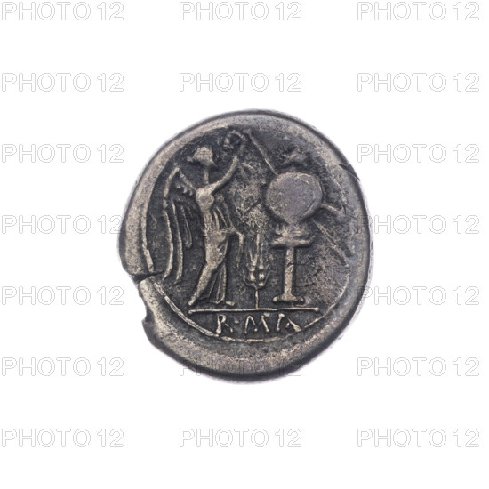 Jupiter (mythology), Jupiter's head, ears of grain, Wiktoria (personification), laurel wreath (attribute), Crowning Victoria. Obverse: Head of Jupiter in a laurel wreath at right. Pearl border. Reverse: Victoria facing right, crowning a trophy; between Victoria and the trophy, an ear of grain; under the line, the inscription ROMA. Continuous border. 211–210 BC, Roman Republic (505–27 BC), Sicily. Coin, diameter 16.0 mm, weight 2.78 g, axis 180 degrees.