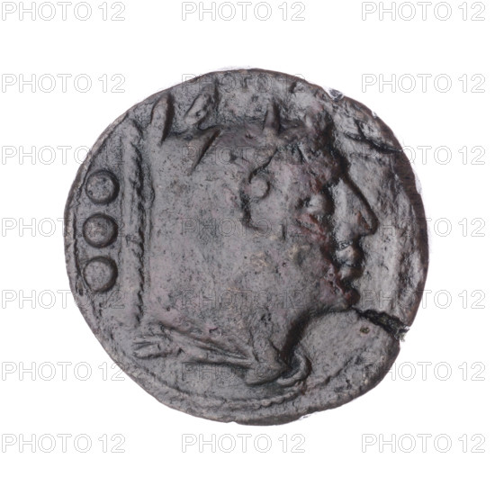 Quarter, head of Hercules in boar's skin right (obverse); behind it the value sign ooo. Reverse: attacking bull right; above it an ear of grain and the value sign ooo; below a snake; under the line the inscription M. 211–210 BC. Roman Republic, Sicily. Coin; dia. 26.5 mm, weight 14.96 g, axis 135°.