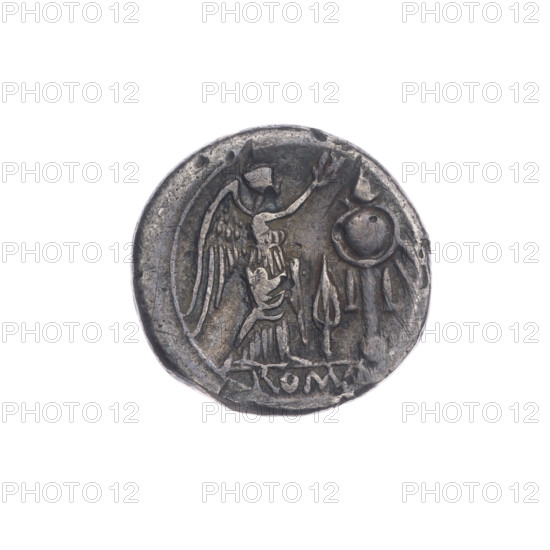 Victoria; Jupiter (mythology), head of Jupiter; Victoria (personification); trophies; spearheads; laurel wreath (attribute); crowning Victoria. Obverse: Head of Jupiter in a laurel wreath at right. Beaded border. Reverse: Victoria facing right, crowning a trophy; between Victoria and the trophy, a spearhead; under the line, the inscription ROMA. Continuous border. 211–210 BC, Roman Republic (505–27 BC). Apulia, mint. Coin; diameter 17.0 mm; weight 2.64 g; axis 315°.