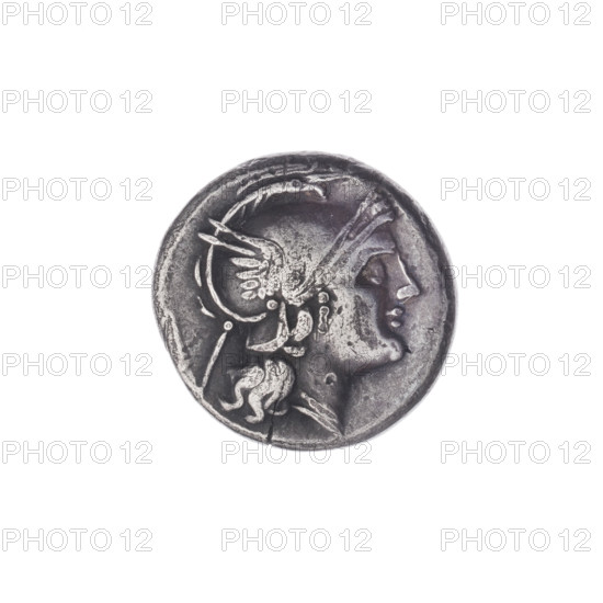 Quinary, publisher, Dioscuri on horses, Roma (mythology), Dioscuri (mythology), Sabbath, Bronislaw (1871-1953), Sabbath, Bronislaw (1871-1953), horses, helmets, spearheads, head of Roma. Obv. Head of Roma in a helmet to right; behind her the mark of value V. Rev. Dioscuri galloping to right; below the spearhead; inscription ROMA in the frame. Continuous border. 211–210 BC, Roman Republic (505–27 BC), Apulia mint, coin, diameter 14.0 mm, weight 1.85 g, axis 45 degrees