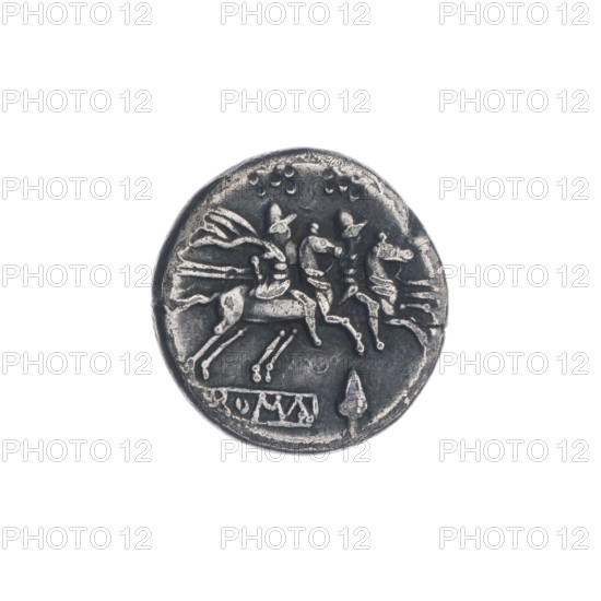 Quinary, publisher, Dioscuri on horses, Roma (mythology), Dioscuri (mythology), Sabbath, Bronislaw (1871-1953), horses, helmets, spearheads, head of Roma, Obv. Head of Roma in a helmet to right; behind her the mark of value V. Rev. Dioscuri galloping to right; below the spearhead; inscription ROMA in the frame. Continuous border. 211–210 BC, Roman Republic (505–27 BC), Apulia mint, coin, diameter 14.0 mm, weight 1.85 g, axis 45 degrees