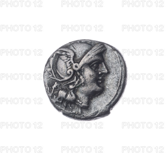 Quinary, publisher; Dioscuri on horses; Roma (mythology); Dioscuri (mythology); helmets; head of Roma; H (issue mark). Obv.: Head of Roma in a helmet right; behind her the value mark V. Pearl border. Rev.: Dioscuri galloping right on horses; below H; under the line the inscription ROM. Continuous border. 211–210 BC; Roman Republic (505–27 BC); Apulia mint; coin; diameter 15.0 mm; weight 2.07 g; axis 180°.