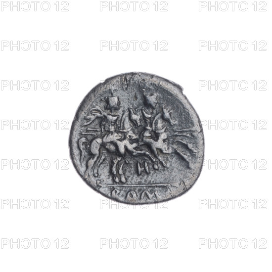 Quinary, publisher; Dioscuri on horses; Roma (mythology); Dioscuri (mythology); helmets; head of Roma; H (issue mark). Obverse: Head of Roma in a helmet right; behind her the value mark V. Pearl border. Reverse: Dioscuri galloping right on horses; below H; under the line the inscription ROM. Continuous border. 211–210 BC; Roman Republic (505–27 BC); Apulia mint; coin; diameter 15.0 mm; weight 2.07 g; axis 180°.