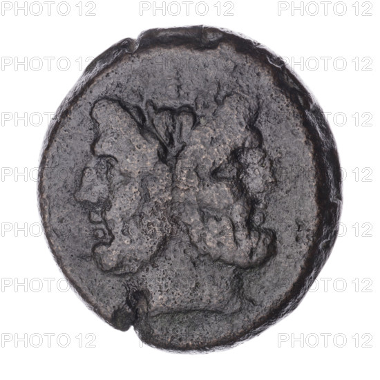 Obv. Head of Janus in laurel wreath; above value mark I. Rev. Ship's prow right; above value mark I; before the letter H; below the inscription R. Continuous border. Iconography: ship's prow, head of Janus, Janus (mythological), ships. Issue mark H. Roman Republic, 211–210 BC. Apulia mint. Coin; diameter 32.0 mm, weight 33.25 g, axis 0°.