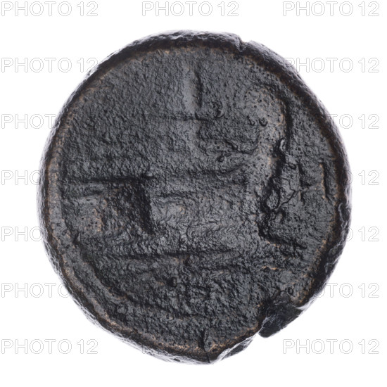 Obv. Head of Janus in laurel wreath; above value mark I. Rev. Ship's prow right; above value mark I; before the letter H; below the inscription R. Continuous border. Ship's prow (iconographic), head of Janus (iconographic), Janus (mythological), ships, H (issue mark). 211–210 BC. Roman Republic, Apulia mint. Coin. Diameter 32.0 mm, weight 33.25 g, axis 0°.
