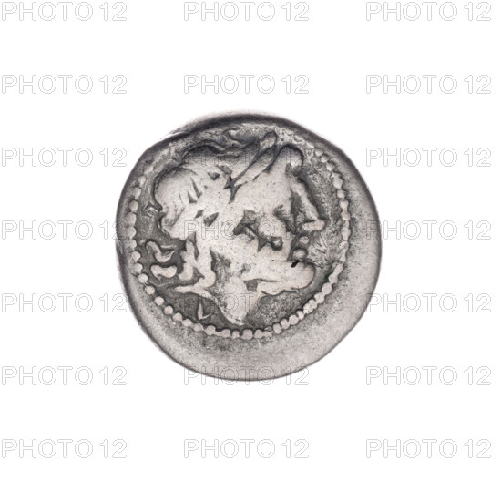 Victoria, publisher, Jupiter (mythology), Victoria (personification), head of Jupiter, laurel wreath (attribute), T (mark of issue), crowning Victoria, L (mark of issue). Obv.: Head of Jupiter in a laurel wreath at right; below the letter L. Pearl border. Rev.: Victoria facing right, crowning a trophy; between Victoria and the trophy, the letter T; under the line, the inscription ROMA. Continuous border. 211–210 BC, Roman Republic, Luceria; coin; diameter 16.5 mm; weight 3.03 g; axis 315°.