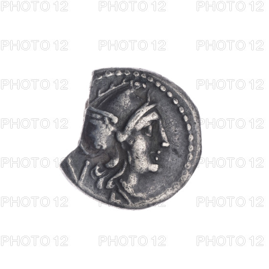 quinary, publisher, Dioscuri on horses, Roma (mythology), helmets, LT (issue mark), head of Roma, Phrygian helmets, Obv. Head of Roma in a Phrygian helmet to the right; below the letter L; behind Roma's head the value sign V. Beaded border. Rev. Dioscuri galloping to the right; inscription R in the frame. Pearl border. 211–210 BC, Roman Republic (505–27 BC), Luceria, coin, diameter 14.8 mm, weight 1.91 g, axis 270°