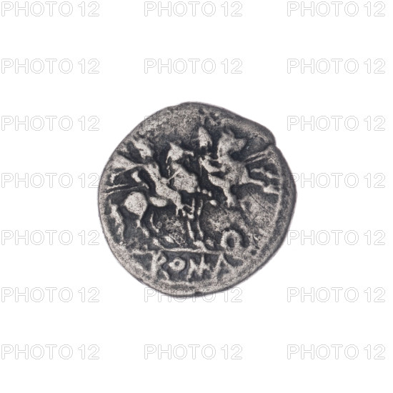 Quinary, publisher, Dioscuri on horses, Roma (mythology), Dioscuri (mythology), horses, letter Q (issue mark), head of Roma. Obv. Head of Roma right; behind it the value sign V. Pearl border. Rev. Dioscuri galloping right on horses; below the letter Q; under the line the inscription ROMA. Continuous border. 211–210 BC, Roman Republic (505–27 BC), Apulia mint, coin, diameter 13.5 mm, weight 1.80 g, axis 225°.