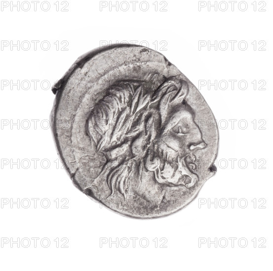 Victorian, publisher, Jupiter (mythology), Semerau-Siemianowski, Wladyslaw (1849-1938), head of Jupiter, Wiktoria (personification), Semerau-Siemianowski, Wladyslaw (1849-1938), trophies, laurel wreath (attribute), Crowning Wiktoria, Obv. Head of Jupiter in a laurel wreath at right. Pearl border. Reverse. Wiktoria facing right crowns the trophy; under the line the inscription. Continuous border. 211–208 BC, Roman Republic (505–27 BC), Sicily, coin, diameter 17.6 mm, weight 3.02 g, axis 90 degrees
