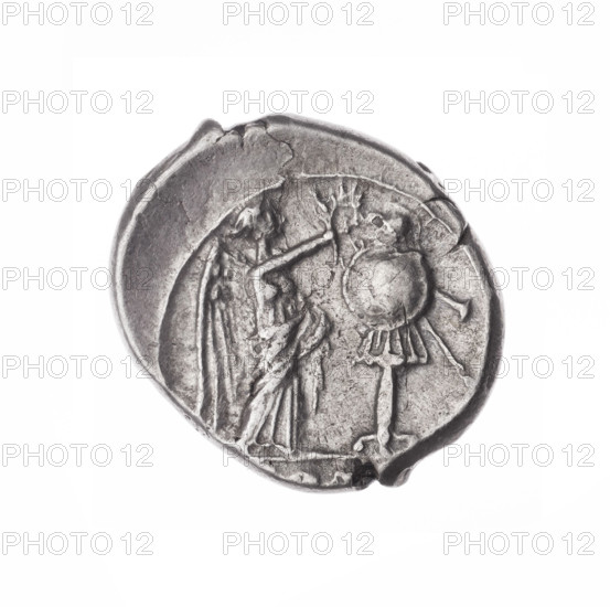 Victorian; publisher; Jupiter (mythology); Semerau-Siemianowski, Wladyslaw (1849–1938); head of Jupiter; Wiktoria (personification); trophies; laurel wreath (attribute); Crowning Wiktoria. Obverse: Head of Jupiter in a laurel wreath at right. Pearl border. Reverse: Wiktoria facing right crowns the trophy; under the line the inscription. Continuous border. 211–208 BC, Roman Republic (505–27 BC), Sicily. Coin; diameter 17.6 mm; weight 3.02 g; axis 90 degrees.