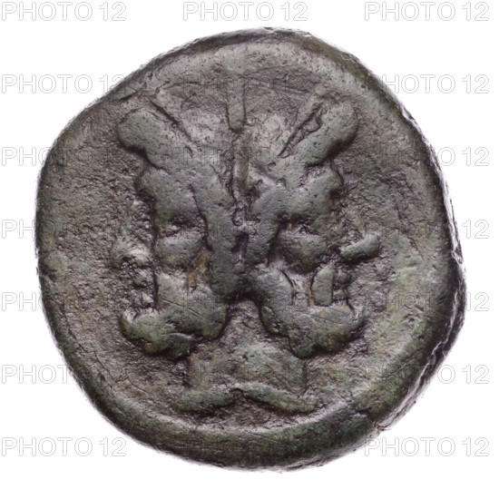 Obverse: Head of Janus in laurel wreath; above value mark I. Continuous border. Reverse: Ship's prow right; above rostrum tridens and value mark I; below the inscription ROMA. Pearl border. Iconography: head of Janus, ship's prow, ships, rostrum tridens. Publisher: AS. Date: 206–195 BC. Culture: Roman Republic. Place: Rome. Object: coin; diameter 32.4 mm; weight 22.10 g; axis 225°.