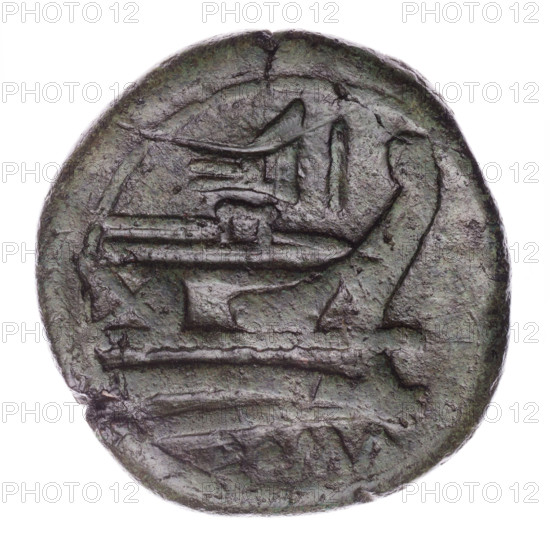 Head of Janus (iconographic) wearing laurel wreath; above value mark I. Continuous border. Reverse: Ship's prow right; above rostrum tridens (issue mark) and value mark I; below inscription ROMA. Pearl border. Janus (mythological), ships. 206–195 BC. Roman Republic. Rome. Coin. Diameter 32.4 mm; weight 22.10 g; axis 225°.