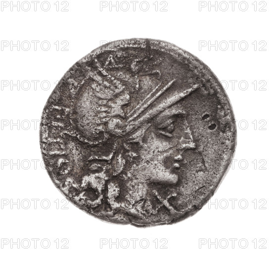 denarius, Sempronius Pitio, L. (fl. 148 BC), publisher; Obv. Head of Roma in helmet at right; behind the inscription PITIO; before it the sign of value X. Pearl border. Rev. Dioscuri galloping on horses at right; below the inscription L.SEMP (MP in ligature); under the line the inscription ROMA. Continuous border. Subject: Dioscuri on horses, Roma (mythology). 148 BC, Roman Republic (505–27 BC), Rome. Coin; diameter 20.0 mm; weight 3.46 g; axis 90 degrees.