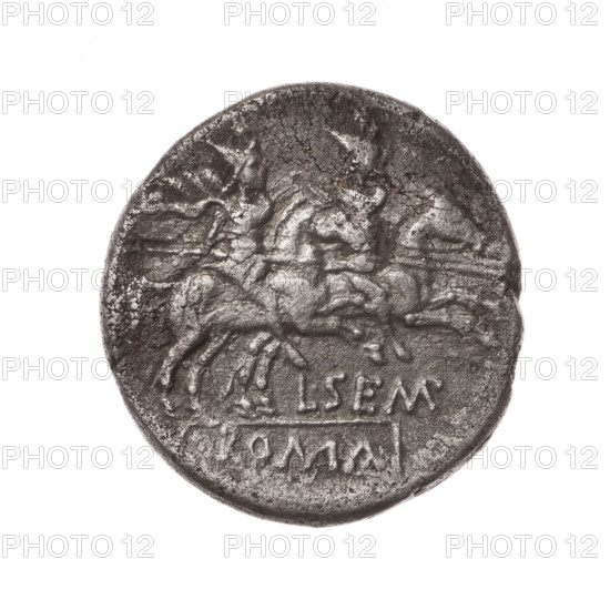 denarius, Sempronius Pitio, L. (fl. 148 BC), publisher; Obv. Head of Roma in helmet at right; behind the inscription PITIO; before it the sign of value X. Pearl border. Rev. Dioscuri galloping on horses at right; below the inscription L.SEMP (MP in ligature); under the line the inscription ROMA. Continuous border. Dioscuri on horses, Roma (mythology), Dioscuri (mythology). 148 BC, Roman Republic (505–27 BC), Rome; coin; diameter 20.0 mm; weight 3.46 g; axis 90 degrees.