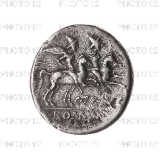 Denarius, Terentius Lucanus, C. (fl. 147 BC), publisher. Obverse: Head of Roma wearing a helmet facing right; behind her Victoria with a wreath and a value sign X. Beaded border. Reverse: Dioscuri galloping right on horses; below the inscription C.TE, C (TE in ligature); under the line the inscription ROMA. 147 BC, Roman Republic (505–27 BC), Rome. Coin; diameter 18.6 mm, weight 3.64 g, axis 0 degrees.