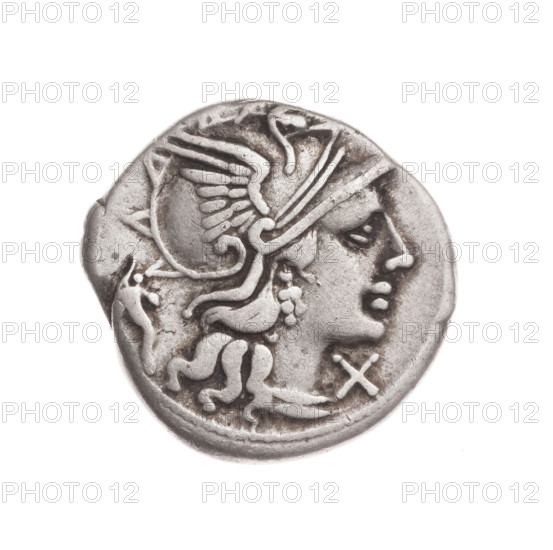 Denarius; obverse: helmeted head of Roma right, behind it a cornucopia, in front a value sign X; beaded border. Reverse: Dioscuri galloping right; below the inscription L.CVP (VP in ligature); below the line the inscription ROMA; continuous border. 147 BC; Roman Republic; Rome; silver coin; diameter 19.0 mm; weight 3.70 g; axis 45°.