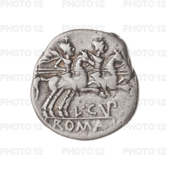 Denarius. Obverse: helmeted head of Roma right; behind it a cornucopia; in front a value sign X. Beaded border. Reverse: Dioscuri galloping right; below inscription L·CVP (VP in ligature); below the line inscription ROMA. Continuous border. 147 BC. Roman Republic. Rome. Bronze/metal coin, diameter 19.0 mm, weight 3.70 g, axis 45°.