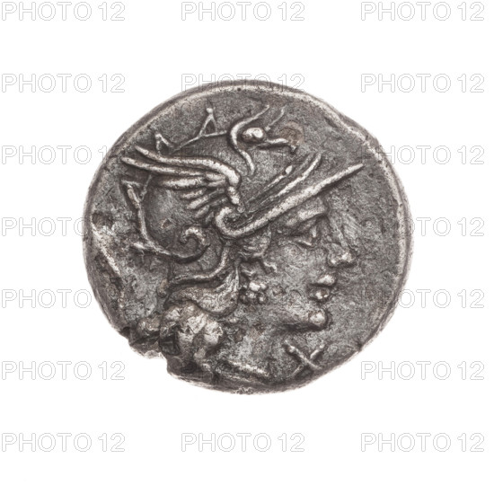 denarius; Dioscuri on horses; origin; Dioscuri (mythology); horses; Roma (mythology); cornucopias; head of Roma; helmets. Obv.: Helmeted head of Roma right; behind her a cornucopia; in front of her a value sign X. Beaded border. Rev.: Dioscuri galloping right on horses; below the inscription L·CVP (VP in ligature); below the line the inscription ROMA. Continuous border. 147 BC; Roman Republic (505–27 BC); Rome. Coin; diameter 18.4 mm; weight 3.66 g; axis 315°. WQXBCFS
