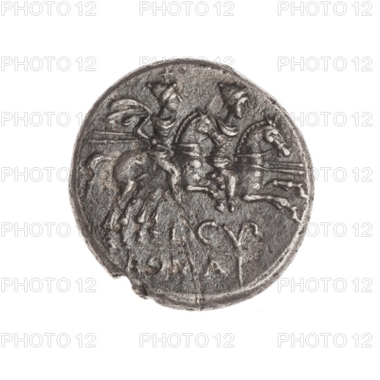 denarius; Dioscuri on horses; Dioscuri (mythology); horses; Roma (mythology); cornucopias; head of Roma; helmets. Obv.: Helmeted head of Roma right; behind her a cornucopia; in front of her a value sign X. Beaded border. Rev.: Dioscuri galloping on horses right; below the inscription L.CVP (VP in ligature); below the line the inscription ROMA. Continuous border. 147 BC; Roman Republic (505–27 BC); Rome; coin; dia. 18.4 mm; weight 3.66 g; axis 315° WQXBCFS