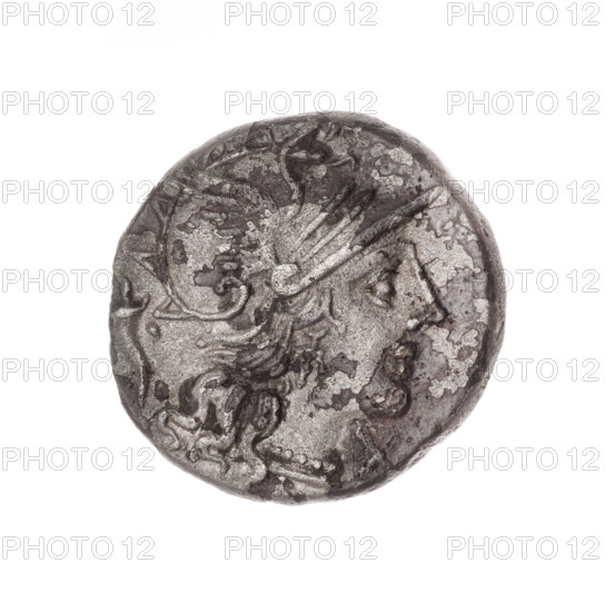 Denarius subaeratus; obverse: helmeted head of Roma right, behind it a cornucopia, in front a sign of value X; beaded border. Reverse: Dioscuri galloping on horses right; below the inscription L·CVP (VP in ligature); below the line the inscription OMA; continuous border. Plated coin. 147 BC. Roman Republic (505–27 BC). Rome. Diameter 18.0 mm; weight 2.72 g; axis 135°. Subjects: Dioscuri (mythology), horses, Roma (mythology), cornucopias, helmets.