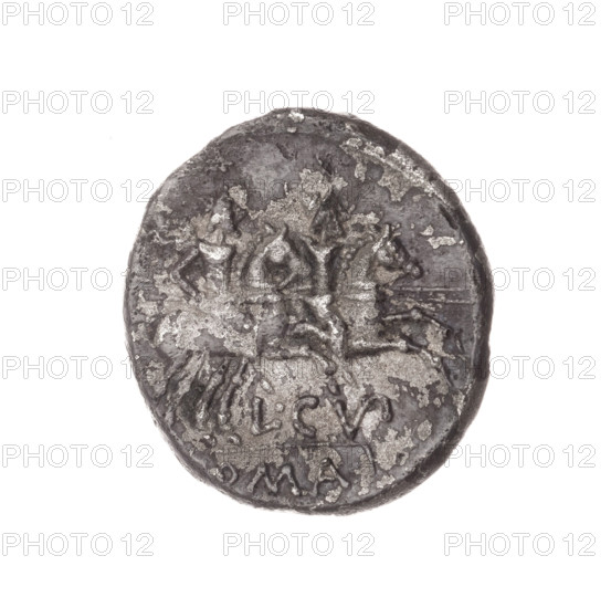 Denarius subaeratus; obverse: helmeted head of Roma right, behind it a cornucopia, in front a sign of value X; beaded border. Reverse: Dioscuri galloping right on horses; below the inscription L·CVP (V and P in ligature); below the line the inscription OMA; continuous border. Plated coin, diameter 18.0 mm, weight 2.72 g, axis 135°. 147 BC, Roman Republic (505–27 BC). Subjects: Dioscuri, horses, Roma, cornucopias; helmets.