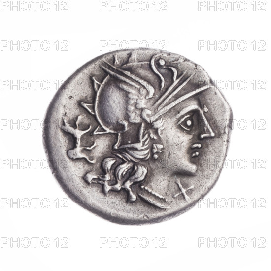 denarius, Dioscuri on horses, origin, horses, Roma (mythology), Dioscuri (mythology), dogs, head of Roma, helmets. Obv. Head of Roma in helmet at right; behind her a dog; in front of her a sign of value X. Beaded border. Rev. Dioscuri galloping on horses at right; below the inscription C.ANTESTI (ANTE in ligature); below the line the inscription ROMA. Continuous border. 146 BC, Roman Republic (505–27 BC), Rome, coin, dia. 19.4 mm, weight 3.71 g, axis 45 degrees