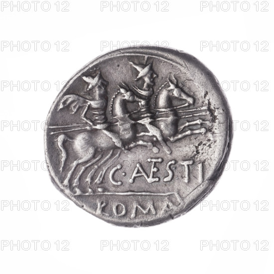 Denarius, obverse head of Roma in helmet at right; behind her a dog; in front of her a sign of value X. Beaded border. Reverse Dioscuri galloping on horses at right; below the inscription C.ANTESTI (ANTE in ligature); below the line the inscription ROMA. Continuous border. 146 BC, Roman Republic (505–27 BC), Rome. Coin, diameter 19.4 mm, weight 3.71 g, axis 45°. Subjects: Dioscuri, horses, Roma (mythology), dogs.